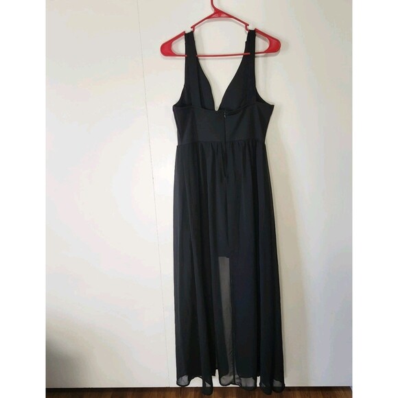 J for Justify Black Jumpsuit Dress Sheer Maxi Overlay V Neck Back Zip Large - Picture 5 of 14